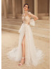 Beaded Lace Tulle Slit Wedding Dress With Detachable Sleeves